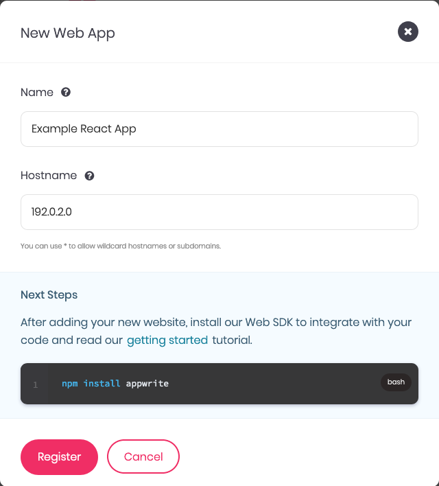 Appwrite form for adding a new web platform