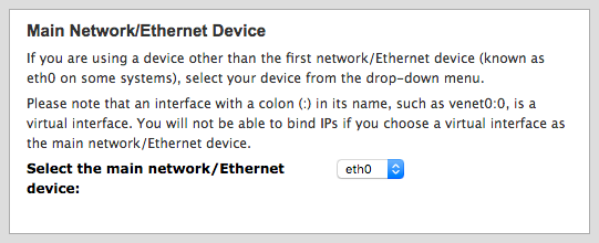 cPanel main network device selection.