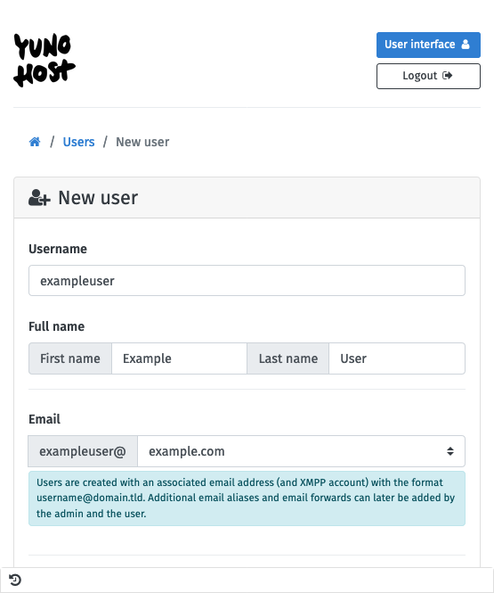 Creating a user from the YunoHost administrator interface