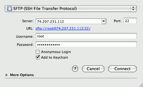 Connection details in Cyberduck on Mac OS X.